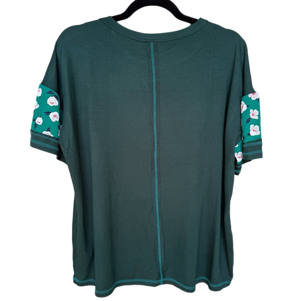 Floral Stripe Raw Stitched Tee - Forest Green - Picture 2 of 6